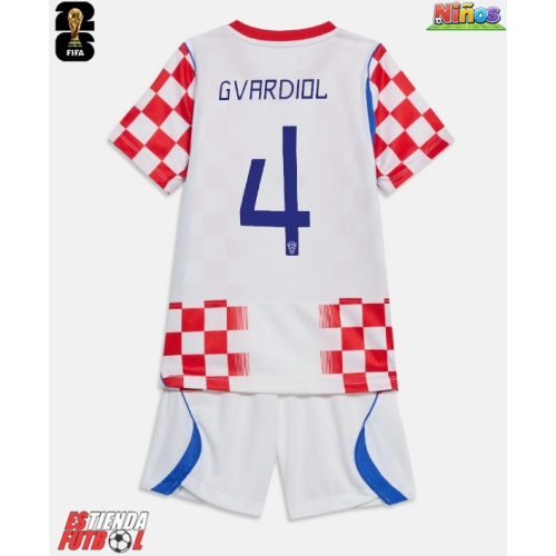 Croacia Josko Gvardiol #4 Primera Equipación Niños Mundial 2026 Manga Corta (+ Pantalones cortos)
